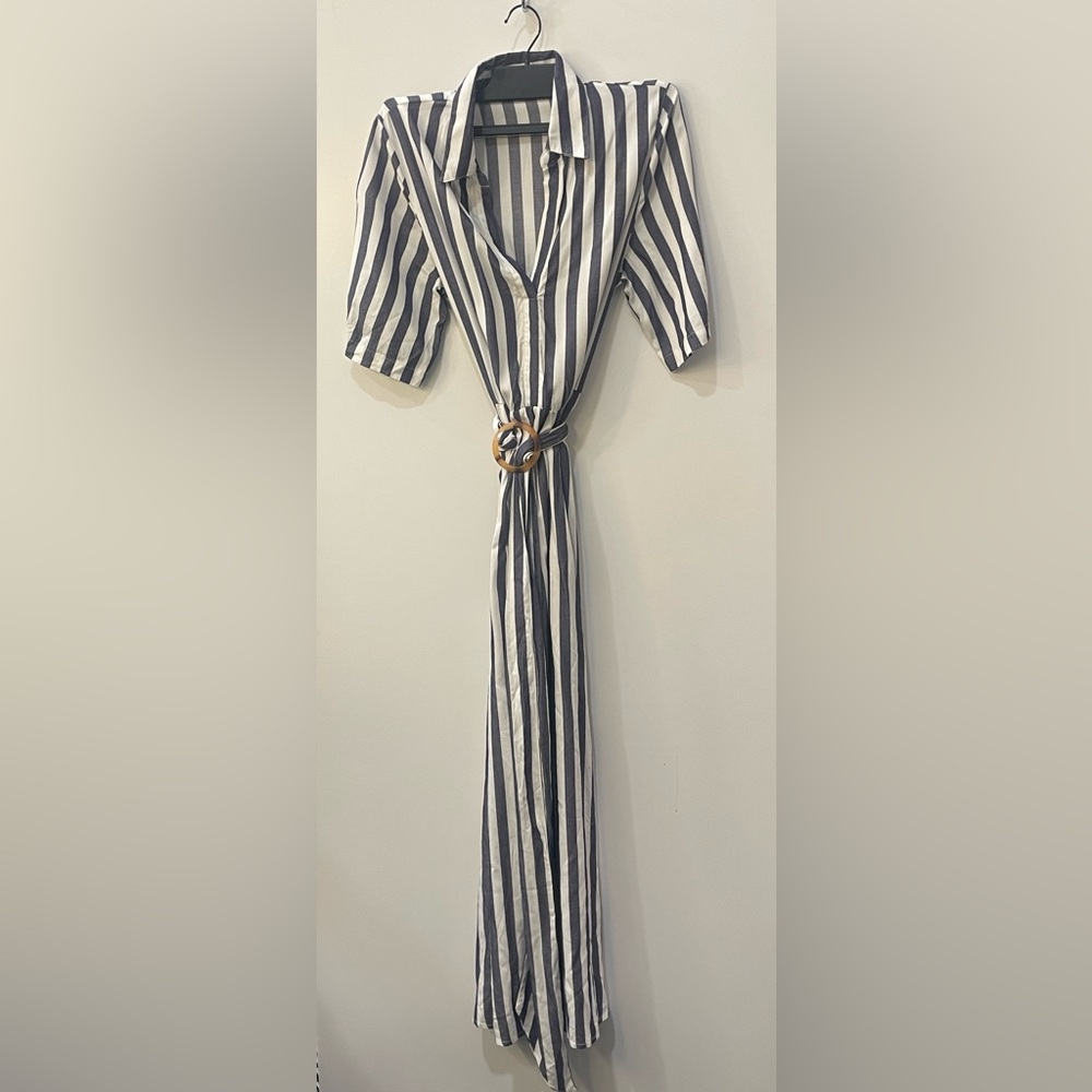 Tahari Navy and White Striped Wide Sleeve Dress with Belt